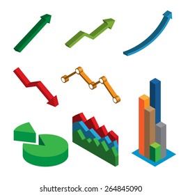 Set of 3d vector charts in  analytical pie charts, increase arrow and bar graphs for design elements in inforgraphics