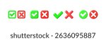 Set of 3d vector check mark and x cross icons. Green check mark and red cross symbols for web and mobile design.