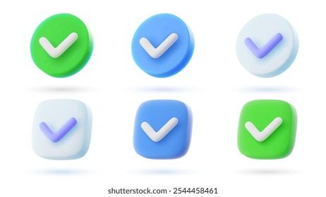 Set of 3d vector check mark icons in cartoon minimal style.