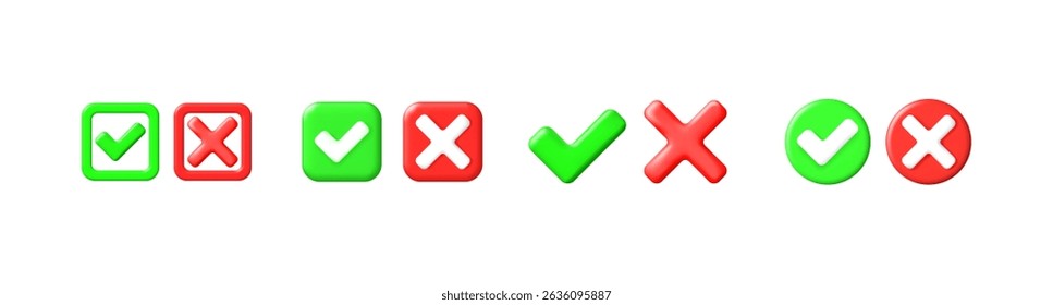 Set of 3d vector check mark and x cross icons. Green check mark and red cross symbols for web and mobile design.