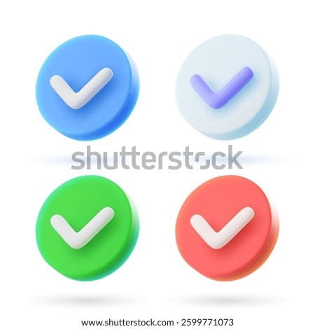 Set of 3d vector check mark icons in cartoon minimal style.