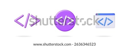Set of 3d vector code icons. Web browser window with a code symbol. Programming language interface. Technology and development.