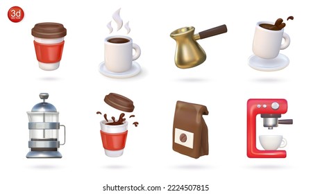 Set 3d vector coffee icons. Isolated realistic illustration of cup of espresso or tea, coffeepot, french press, hot beverage with vapor, package, coffee maker.