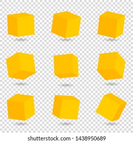 Set of 3D vector cubes. Yellow cubes isolated on background