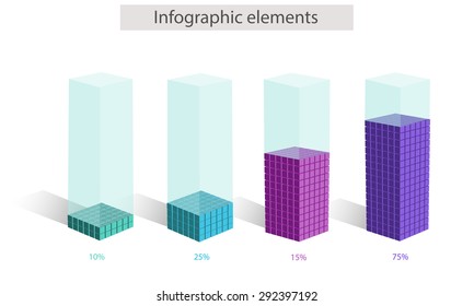 Set of 3d vector cubic diagram with numbers pointing percentage, consisted from small cubic elements, isolated on white, business infographic diagram elements, Vector data presentation template