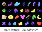Set of 3D vector different multicolored abstract plastic shapes on dark color background. Various decorative bright design elements. 3D doodle set in 3d cartoon style