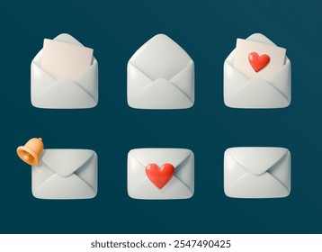 Set of 3D vector envelope icons featuring various designs: open envelopes, closed envelopes, with letters, hearts, and bell. Perfect for email, messaging, notifications, or communication themes