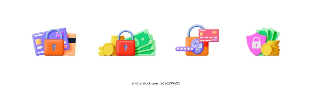 Conjunto de iconos de seguridad financiera de Vector 3D con dinero, tarjetas de crédito, escudo, cerradura. Concepto de protección de pago digital para la banca.