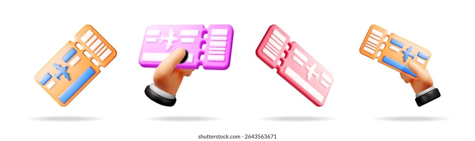Set of 3d vector flight tickets. Render of airline tickets, travel and booking air trip concept for web.