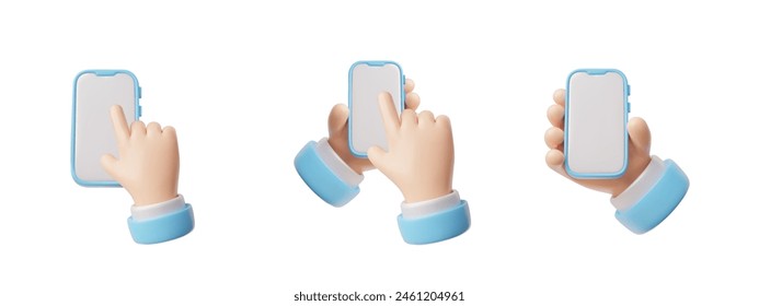 Set of 3D vector gestures that demonstrate touching, clicking and holding on the screens of smart devices. Visual icons for applications and mobile device demos.