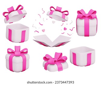 Set of 3d vector gift boxes, open and closed with pink ribbon bow. Flying holiday surprise box with poppers and hearts. Festive presents. For advertising banners, birthday cards. Isolated 3d render