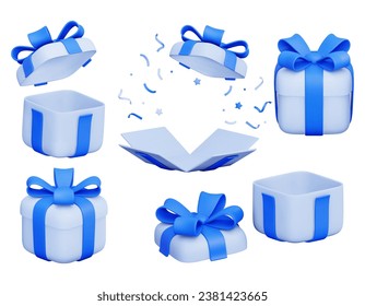 Set of 3d vector gift boxes, open and closed with blue ribbon bow. Flying holiday surprise box with poppers and hearts. Festive presents. For advertising banners, birthday cards. Isolated 3d render
