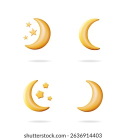 Set of 3d vector golden crescent moon and star icons. Cartoon night and sleep symbol illustration. Good night and bedtime concept.