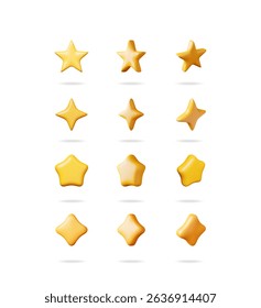 A set of 3d vector golden star shapes varying in form. Vector design for rating, review, magic, game, and decoration concepts.