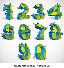 Set of 3d vector green wireframe numbers broken into different fragments, geometric polygonal numeration with lines mesh. Low poly shattered typescript, perspective lattice elements.