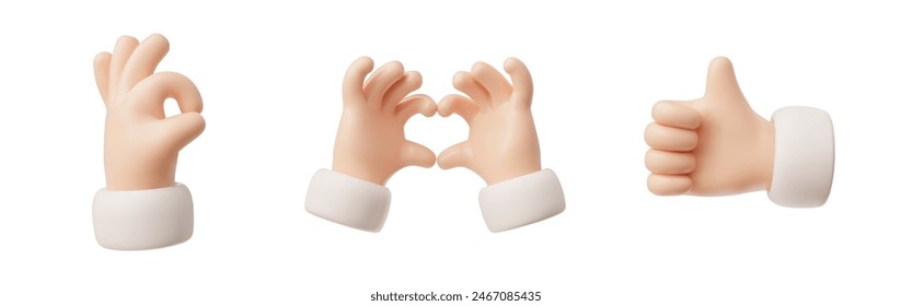 A set of 3D vector hand gestures in a shirt showing love, approval and positive communication. It includes a heart, a raised thumb and an OK sign on a white background.