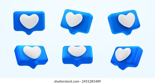 Set of 3d vector heart textboxes, heart icons, love social media notification, emoticon on the chat box. Heart icon on a blue pin, isolated. Set of heart in speech bubble icon. 3d vector illustration