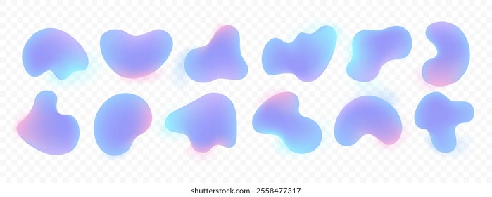 Set of 3d vector holographic amoeba shapes. Modern free form frame elements. 12 soft liquid shapes in light blue pastel colors on white background. Snowy bg. Freeform chrome glow effect illustration
