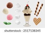 A Set of 3D Vector Ice Cream Dessert Items: Chocolate Sundae, Ice Cream, Whipped Cream, Chocolate Wafer Rolls, Mint Leaves, Marshmallow, Heart-shaped Wafer Cookie