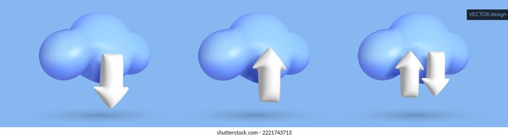 Establece un icono de vector 3d en fondo azul. Cargando y descargando información del servicio en la nube. Nube azul con flecha blanca. Ilustración vectorial para postal, banner, web, diseño, artes.