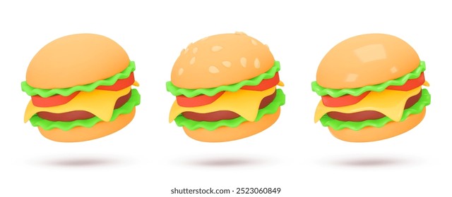 Definir ícone vetorial 3d, hambúrguer de renderização realista, hambúrguer com salada, queijo, tomate, carne, pão. Fast food. Ilustração vetorial isolada no plano de fundo branco