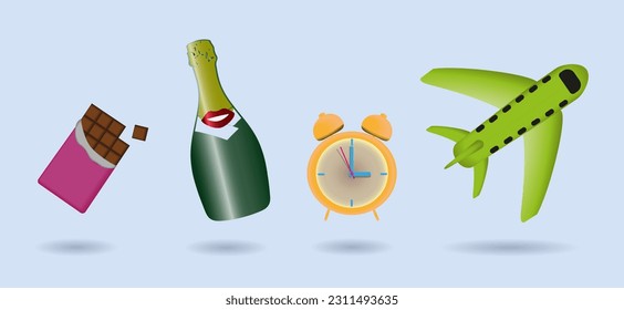 Set of 3d vector icons. Chocolate bar, a bottle of champagne, an alarm clock, a flying plane.