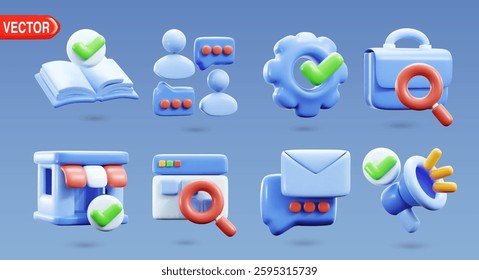 Set of 3D vector icons featuring book, user chat, settings gear, briefcase, store, browser search, email message, and megaphone. Glossy illustration, trendy isolated design elements