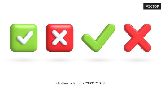 Set of 3d vector icons. Red cross mark, green check mark on white background. Buttons collection. Design elements. Vector illustration in cartoon style.