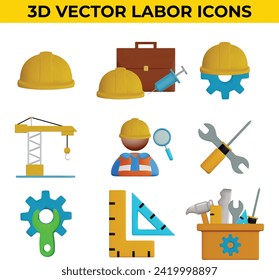 Conjunto de Iconos Vectores 3d relacionados con el trabajo, la construcción, el día laboral, la renovación.	