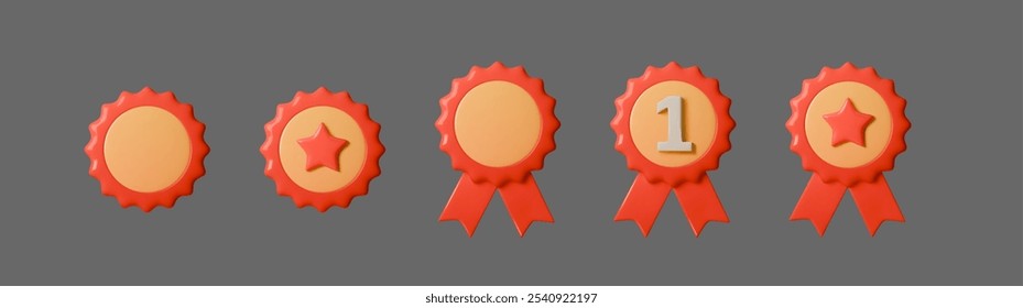 Set 3D vector illustration of red award ribbons. Clean, modern emblem design for celebrating achievements, victories, or best performance. Perfect for branding, certificates, or event promotions