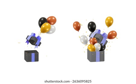 Set of 3d vector illustrations of black gift box with blue ribbon opening, revealing colorful balloons and golden confetti for celebration.