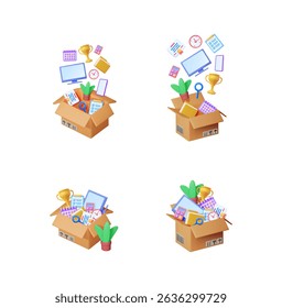 Conjunto de ilustrações vetoriais 3d de itens de negócios que aparecem a partir de uma caixa de papelão, simbolizando conceitos de realocação, novo trabalho ou movimentação de escritório.