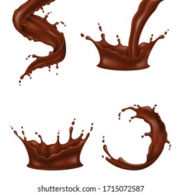 Set of 3D vector illustrations chocolate splash and pouring, realistic natural dairy products, yogurt or cream, isolated on white background