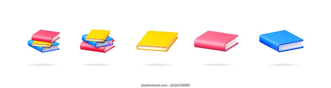 Set of 3d vector illustrations of colorful books. Education, knowledge, school, reading, and learning concept for web design or graphic asset.