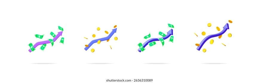 Set of 3d vector illustrations depicts growing charts. Business graph with money for financial growth. Concepts of success, investment.