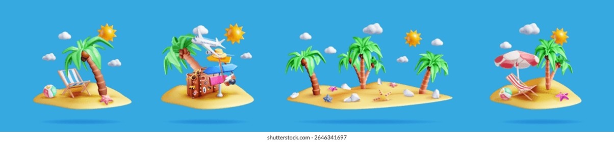 Set of 3d vector illustrations depicts summer beach and tropical island vacation with palm tree, suitcase, aircraft, sun umbrella.