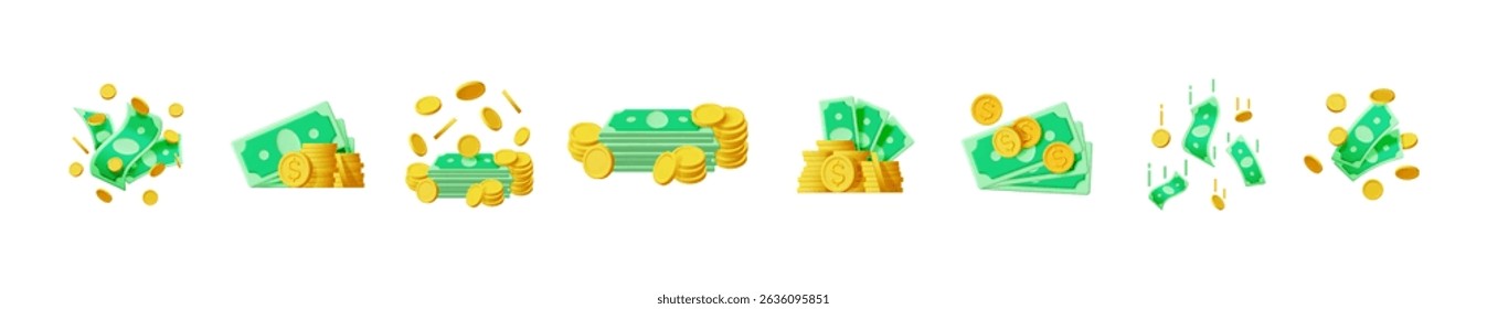 Set of 3d vector illustrations featuring money stacks and falling coins. Financial success and wealth growth concept. Digital banking, investment, or economy.