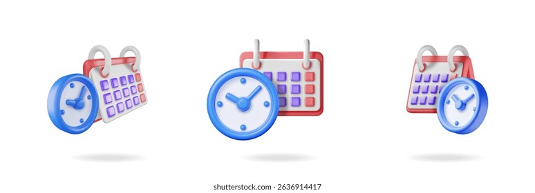 A set of 3d vector illustrations featuring a calendar and a clock, symbolizing time management and deadline planning.