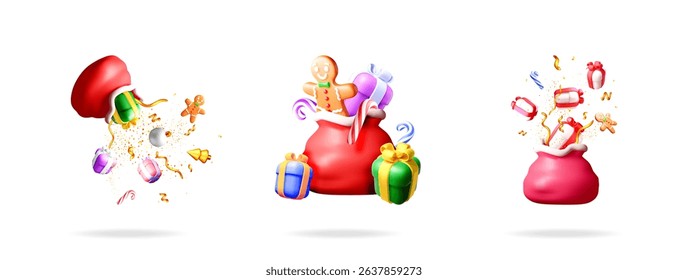 Set of 3D vector illustrations featuring christmas hat and santa bags with presents, candies, and gingerbread man with golden confetti. Greeting card design for holiday.