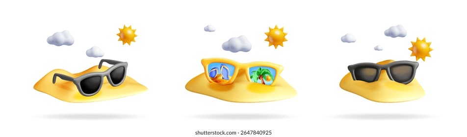 Set of 3d vector illustrations featuring various sunglasses on sand with sun and cloud for summer holiday concept.