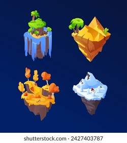 Conjunto de ilustraciones vectoriales 3D del juego de la isla. Plataformas voladoras con una cascada, duna de arena, paisaje de invierno y otoño. Paisajes flotantes para un diseño de nivel de juego descendente.