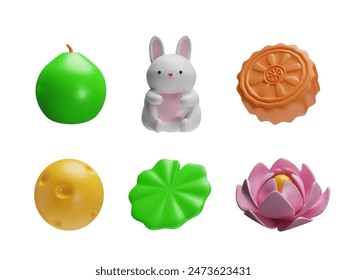 A set of 3D vector illustrations for the mid-autumn festival, which depict a lotus, a rabbit and a traditional moon cake decorated with lotus patterns.