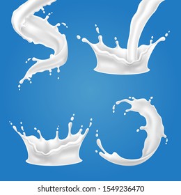 Set of 3D vector illustrations milk splash and pouring, realistic natural dairy products, yogurt or cream, isolated on blue background.