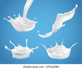 Set of 3D vector illustrations, milk splash and pouring, realistic natural dairy products, yogurt or cream, isolated on blue background. Print, template, design element