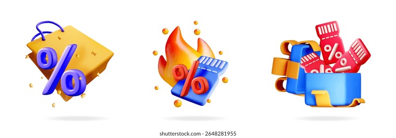 Set of 3d vector illustrations of online shopping concepts including shopping bag, discount coupon, and gift box.