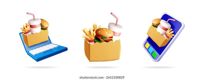 A set of 3d vector illustrations of online fast food delivery and takeaway service for web banner design.
