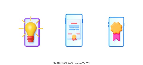 Conjunto de ilustrações vetoriais 3d de aplicativos de telefone com medalha, lâmpada e ícones de documento. Tecnologia digital para uma ideia de negócio.