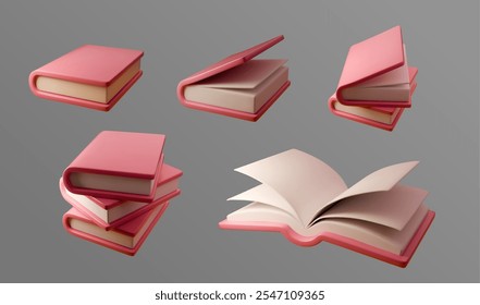 Conjunto de Ilustraciones vectoriales 3D de libros de color rosa en diferentes posiciones: apilados, abiertos y cerrados. Perfecto para la educación, la lectura, la literatura, la Biblioteca, el estudio o la publicación de diseños relacionados