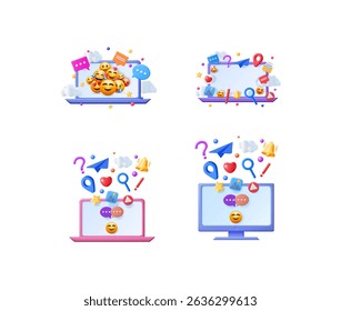 Set of 3d vector illustrations of social media icons on computer and smartphone screens for digital communication and online messaging concept.