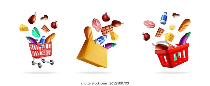 Conjunto de Ilustraciones vectoriales 3D con Carrito de compras de supermercado, bolsa de papel y cesta de plástico que cae con comestibles. Concepto de supermercado en línea.